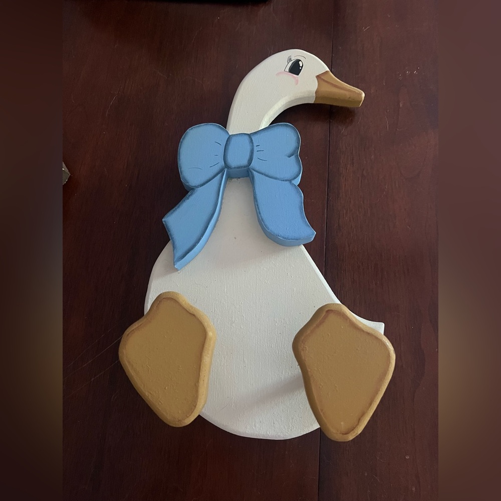 Vintage 1988, signed Decorative Duck/Goose Wall Hanging with Blue Bow-adorable